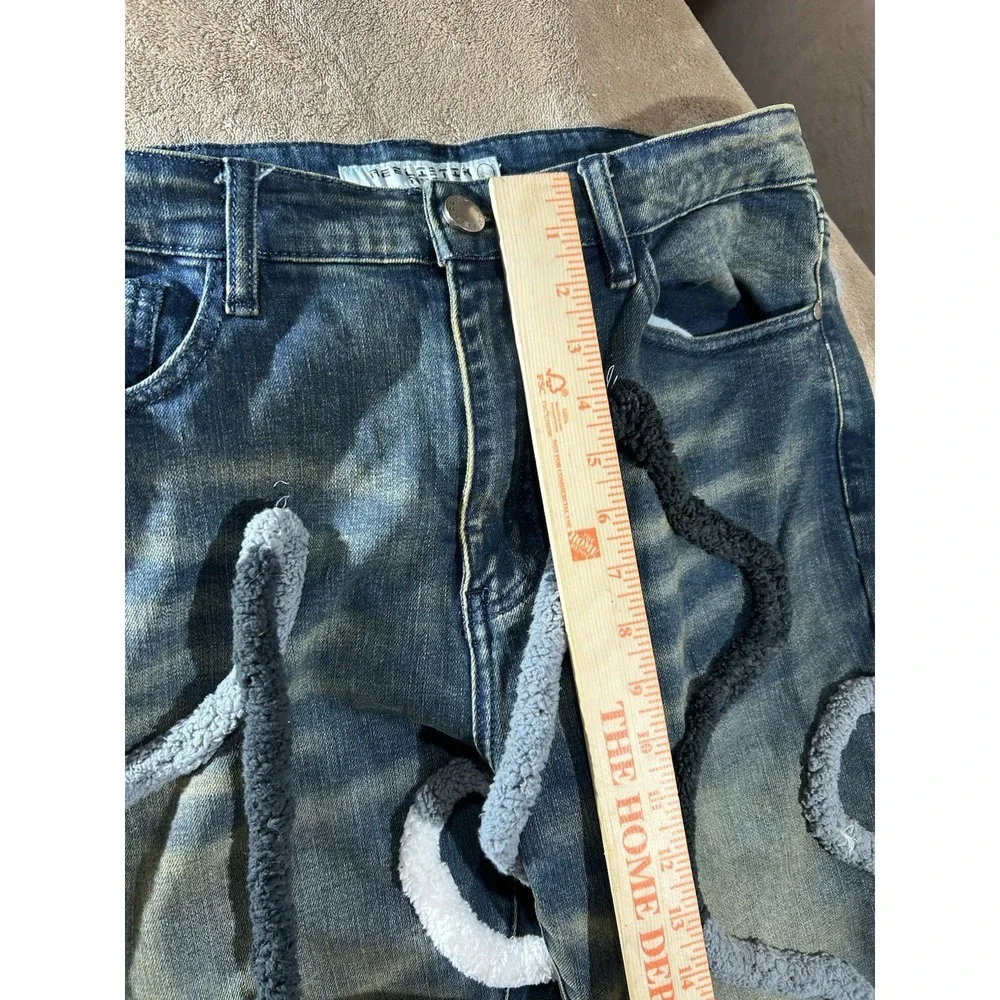 REELISTIK NYC Men's Size 36 Stacked Flare Jeans Wavy 3D Chenille Distressed Y2K